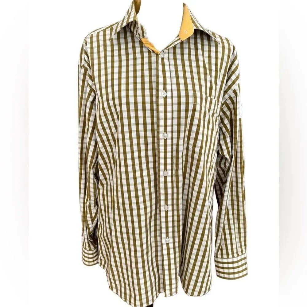 ALFRED DUNHILL Slim Fit olive green/white plaid 100% cotton shirt , size XXXL.